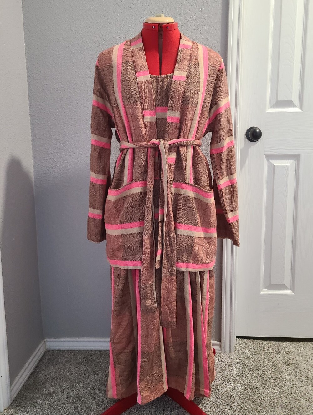 Ace & Jig Pinky Brown Striped Beau Pattern Soiree Dress And Alexa Cardigan L